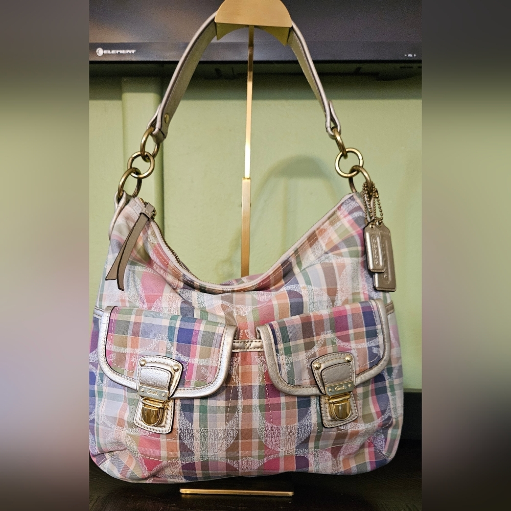COACH Poppy Madras Pastel Tartan Plaid Metallic gold leather Shoulder Bag